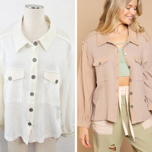 POL lazy days shacket pieced waffle knit patchwork button down shirt ivory small